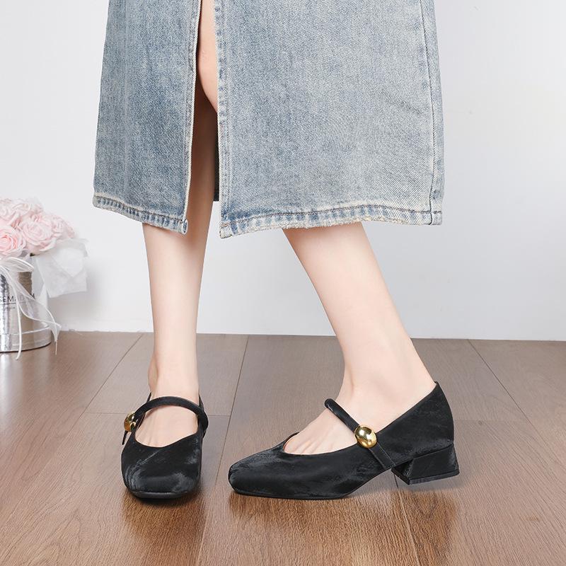 338-5 Szerokie Francuskie Buty na Wysokim Obcasie dla Kobiet, Kwadratowy Nosek, Miękki Styl Vintage Mary Jane, Piękne Wieczorowe Obuwie.