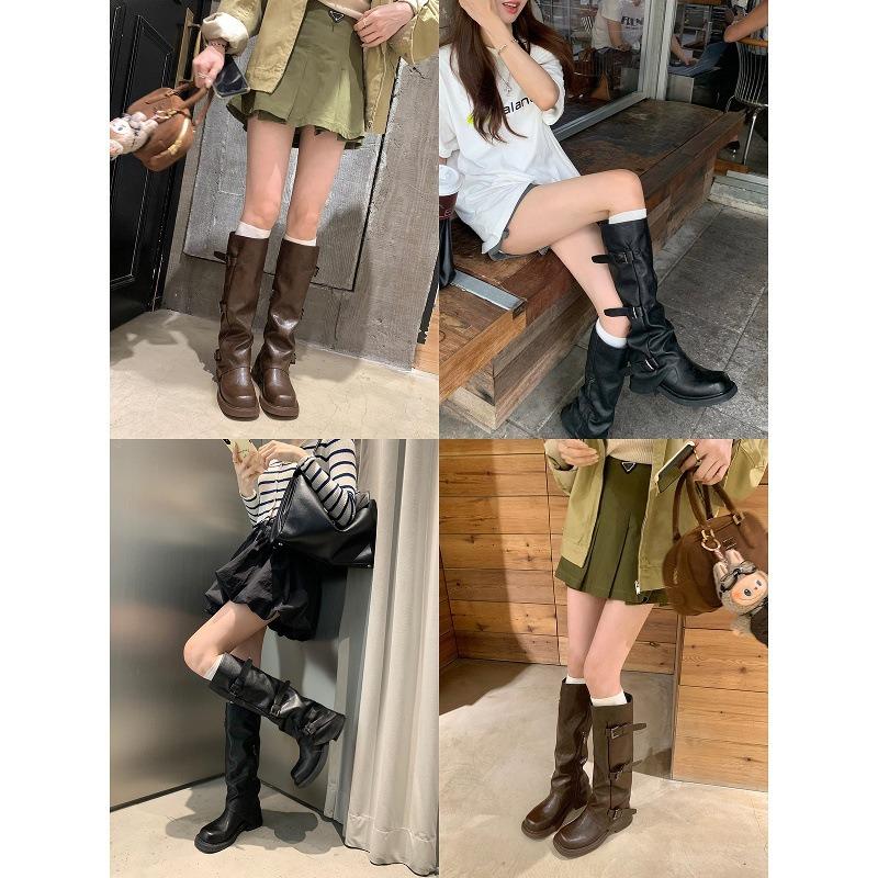 Cowhide~ Height Increased 6cm Belt Buckle Pleated Medium and High Boots Leather Knight Boots Women's Pants Tube Boots