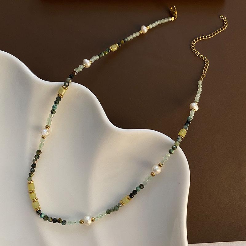 Colorful Natural Stone & Baroque Pearl Crystal Choker Necklace In Titanium Steel
