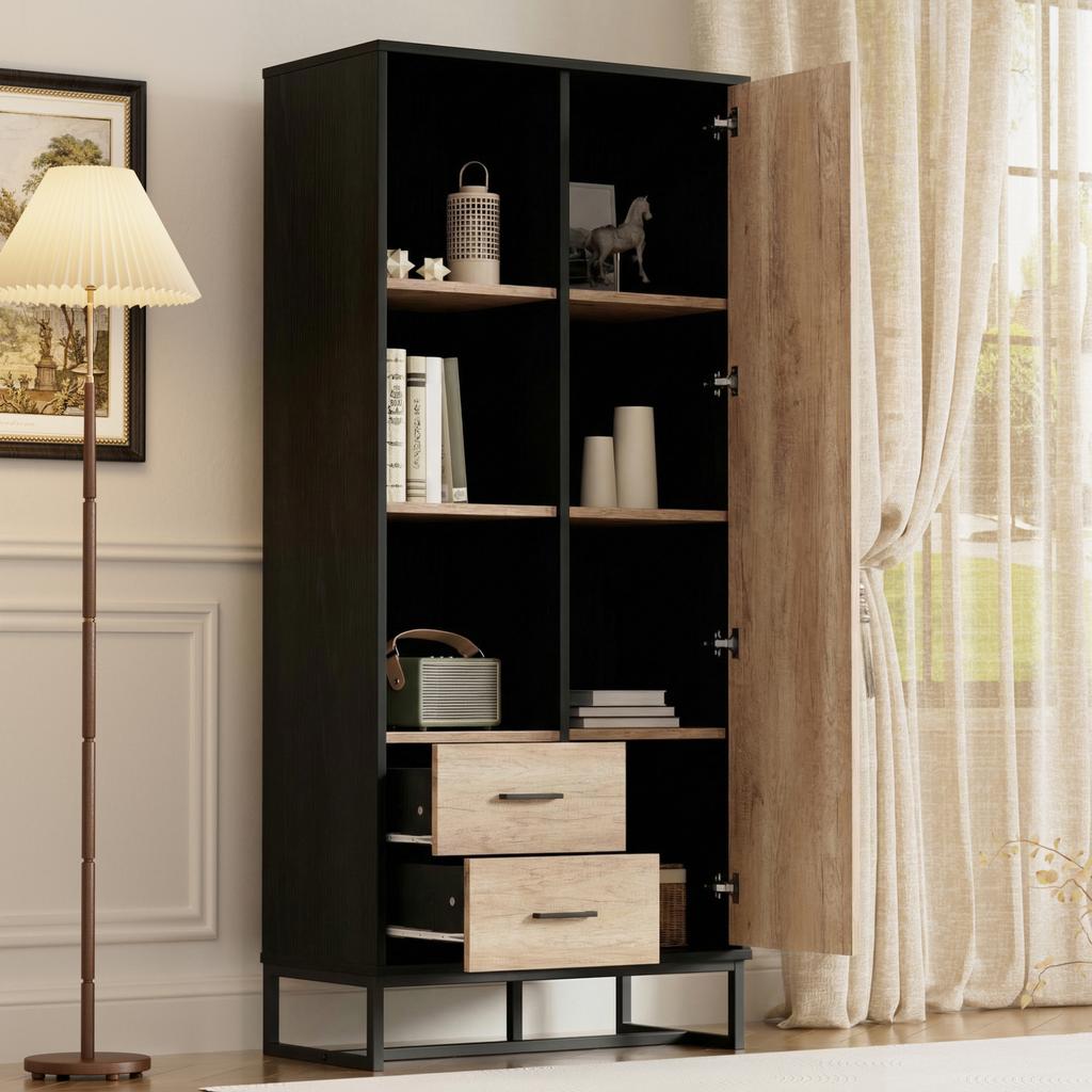 Modern highboard cabinet 80x40x180 cm – wood-look, black frame, door, 2 drawers & 3 open compartments – versatile storage for living room, office