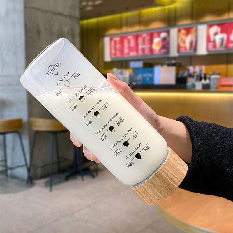 1000 ML śliczna szklana butelka na wodę ze znacznikiem czasu duża, przezroczysta szklana sitko do herbaty owocowej kubek na zewnątrz podróż szczelna bez BPA