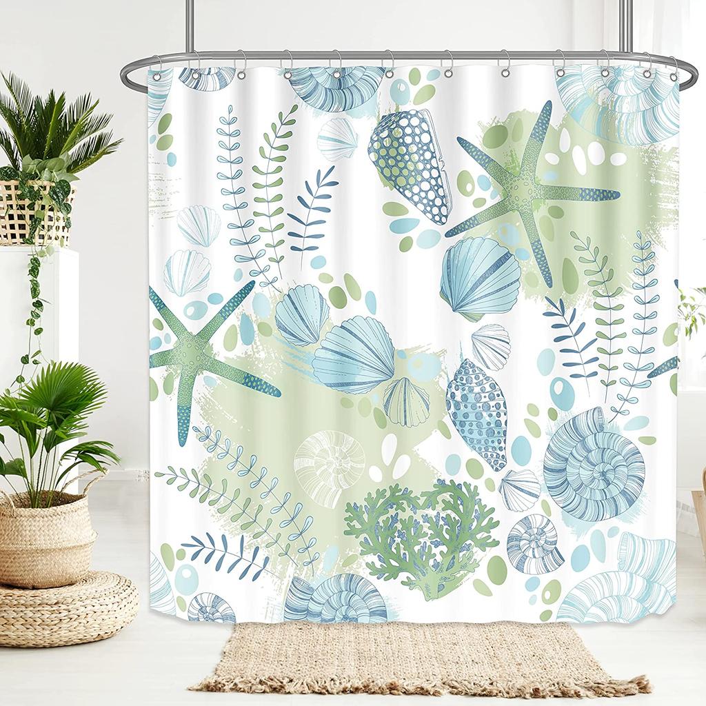 Nautical Coastal Shower Curtains Starfish Seashell Coral Reef Tropical Ocean Beach Marine Life Fabric Bathroom Decor with Hooks