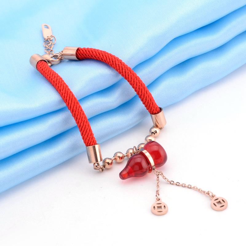 Zodiac Lucky Money Bag Titanium Steel Gold Gourd Red Rope Bracelet