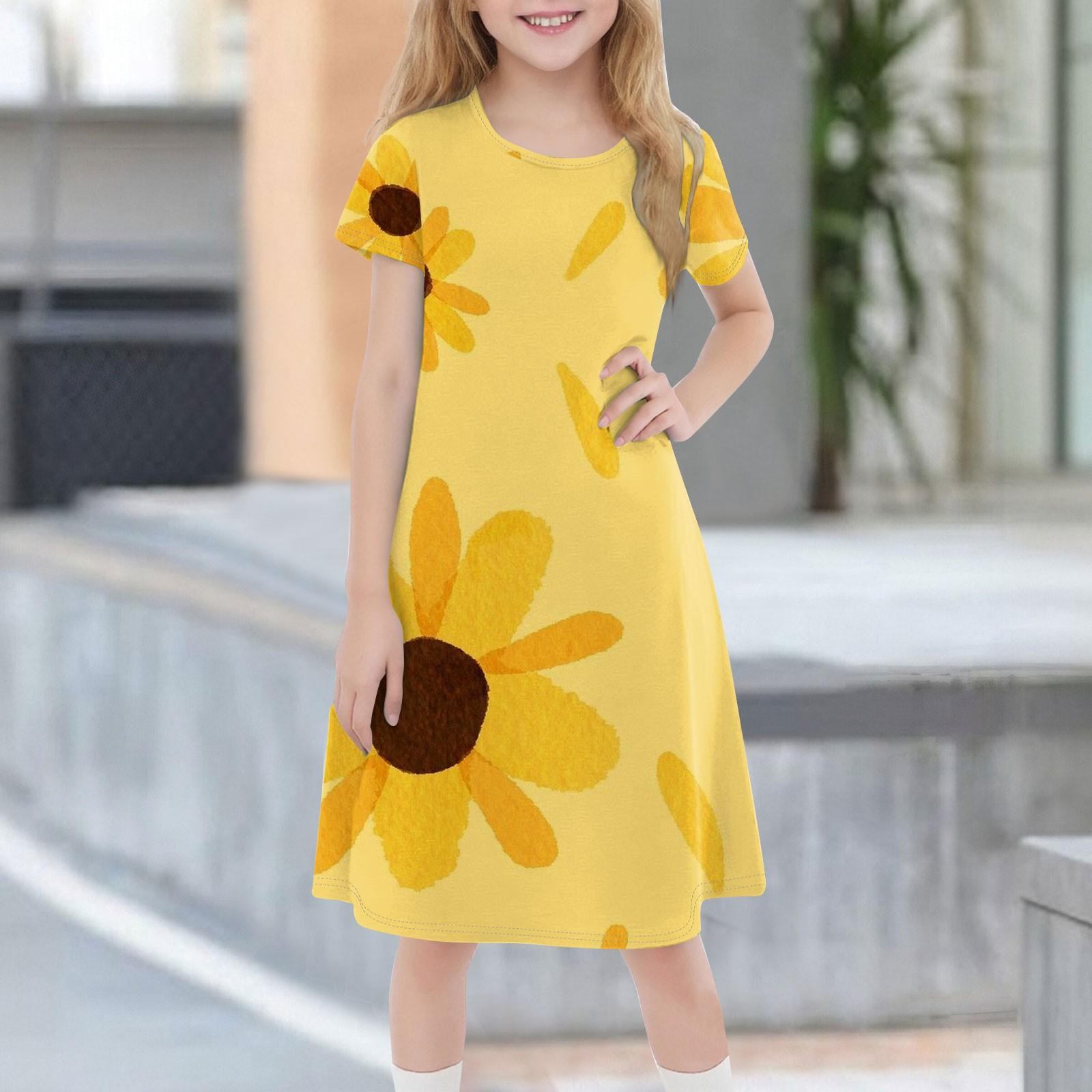 

Детское летнее повседневное модное платье с короткими рукавами и круглым вырезом 100 жёлтый