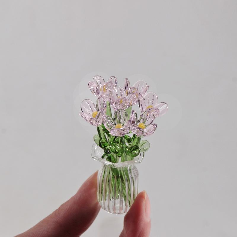 6/7Pcs Mini Lifelike Glass Flowers Simulation Flowers Handcrafted Floral Sculpture Floral Bouquet With Vase Home Decoration Gift