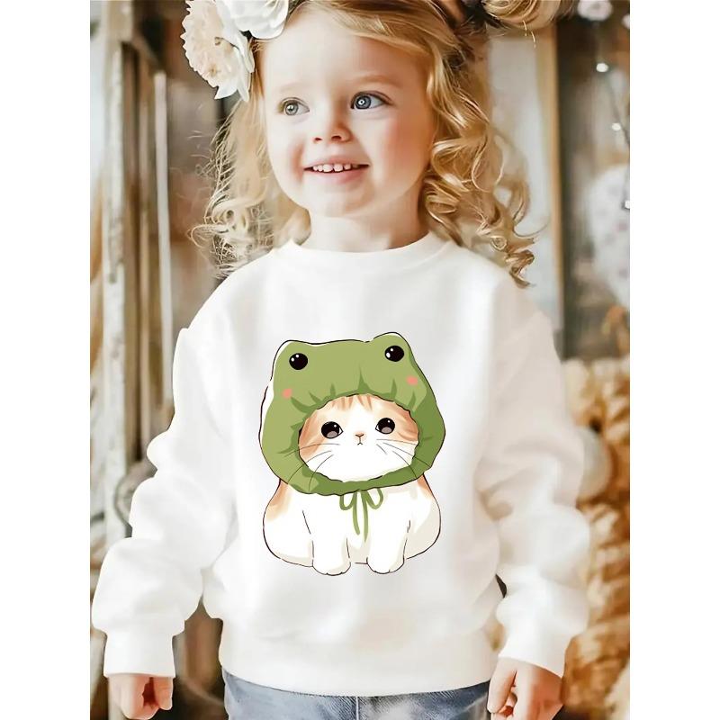 Crewneck Sweatshirt for Girls Featuring an Adorable Cat In a Frog Hat, Suitable for Machine Washing