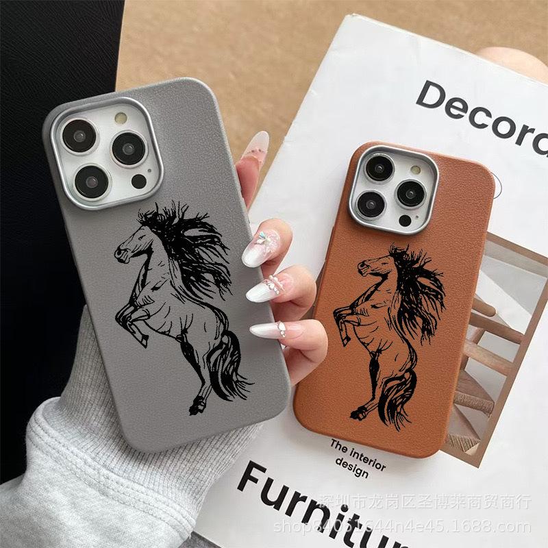 Black Horse for iPhone15promax Mobile Phone Case Apple 16 Leather Pattern 14/13/12 Protective Case 17
