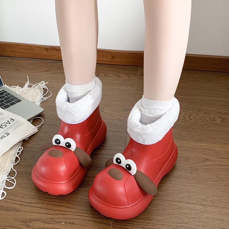 

Fashion Cute Cartoon Dog Cotton Eva Ankle Boots Women 2025 Winter Warm Short Plush Rain Boots Soft Sole Non Slip Waterproof Booties 35-36 красный