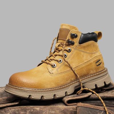 Genuine Leather Yellow Retro Men's Martin Boots with Thick Sole - 2025 High-Top Work Boots