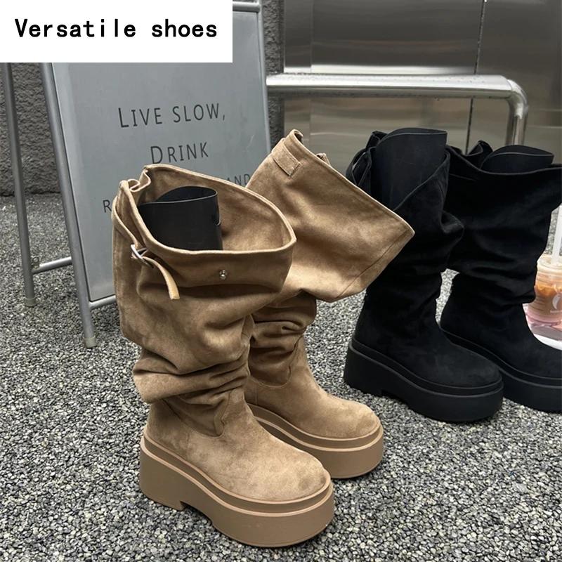 Winter Platform Women Knee-High Boots Fashion Slip On Long Booties Street Style Female Elegant High Heels Shoes