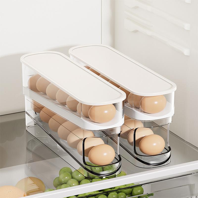 Automatic Rolling Egg Dispenser for Fridge 2-Tier Space-Saving Egg Holder Organizer Box Kitchen Storage Rack