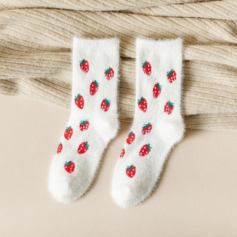 Female Autumn and Winter Plus Velvet and Thick Warm Mink Velvet Warm Fruit Strawberry Deodorant Tube Socks