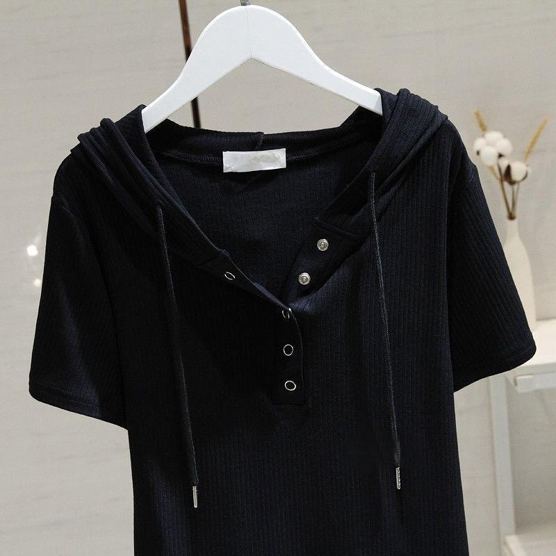 Drawstring Hooded T-shirt for Women for Short-sleeved Summer Fashionable Loose Slim Versatile T-shirt Base Shirt