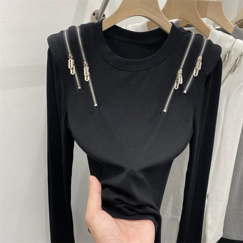 Neue Frühjahrs- und Herbst-Damen-Einfarbige O-Ausschnitt Langarm Schlanke Gestrickte Pullover Reißverschluss Trendige Bequeme Pendeloberteile