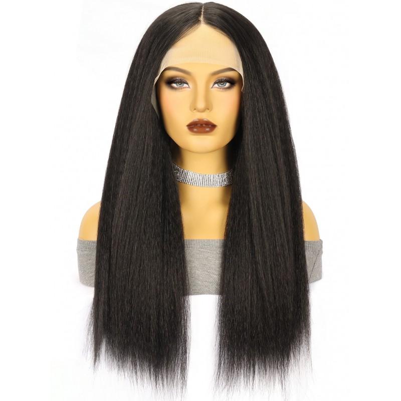 Long Straight Wig Middle Part Yaki Texture Black Synthetic Hair Women