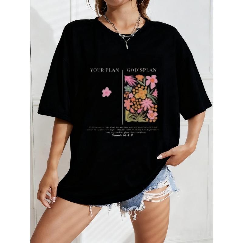 

White Oversized T Shirt With Floral Pocket Print And Text For Casual Wear XXXXL чорний