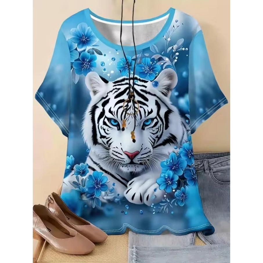 XL-7XL Plus Size Women's Men Tiger Casual 3D Print Loose Round Neck Short Sleeved T-shirt Top