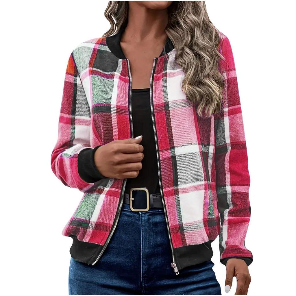 New Autumn Winter Women's Plaid Print Jacket, Long Sleeve Zipped Casual Coat, Loose Fit Outwear for Daily Streetwear