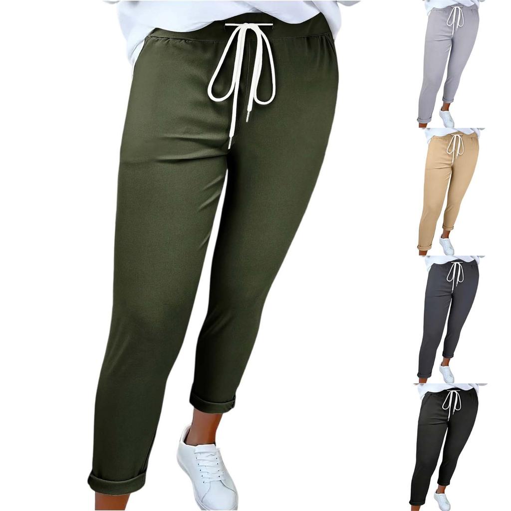 Women's Fashionable Solid Color Drawstring Elastic Waist Pocket Casual Pants