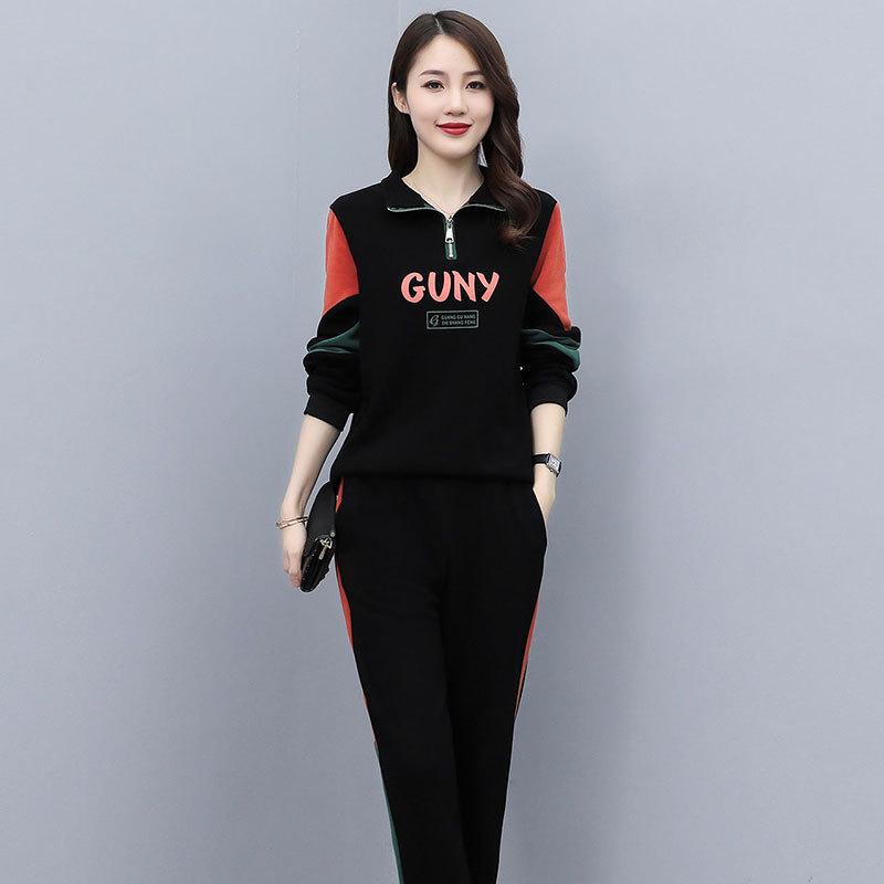 

Женский повседневный спортивный костюм весна 2024: Корейский комплект из топа с длинными рукавами и брюк контрастного цвета, лацкана, с буквенным декором. Triple Extra Large чёрный