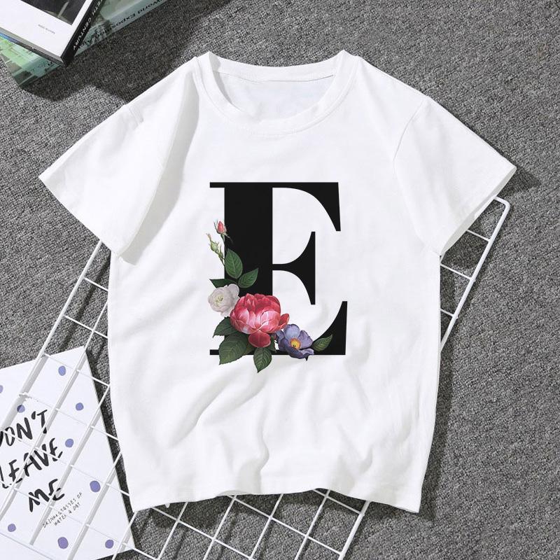 A B C D E English Alphabet Print T Shirt Women Short Sleeve Couples Lovers Female