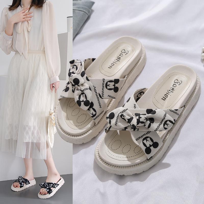thick-soled bow-tie cool slippers female summer new fairy wind wear versatile soft-soled cross beach sandals