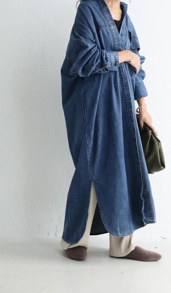 Antiqua Denim Shirt Long Free Size Vintage Dress, Sleeve, Women's, 20, Blue, PK-00475