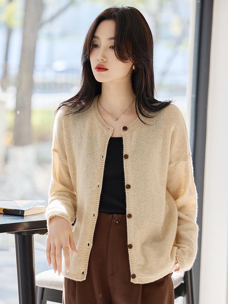 Women's Wool Cashmere Cardigan: Solid Color, Round Neck, Stylish, Long Sleeve, Loose Fit Sweater Jacket