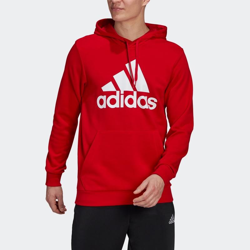 adidas Essentials Series Men Logo Print Drawstring Fleece Hoodie Light Scarlet GV0249