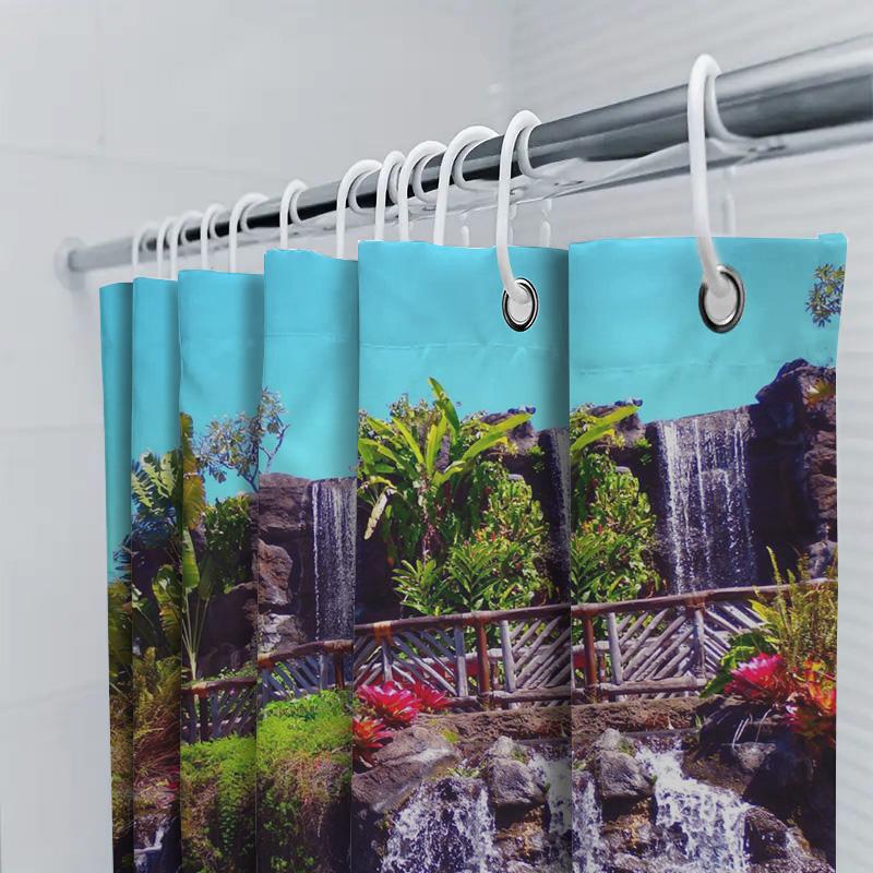 Bathroom Decor Waterproof Shower Curtain Tropical Waterfall Design for Bathtub Coverings White Color Polyester Fabric (200 x 180