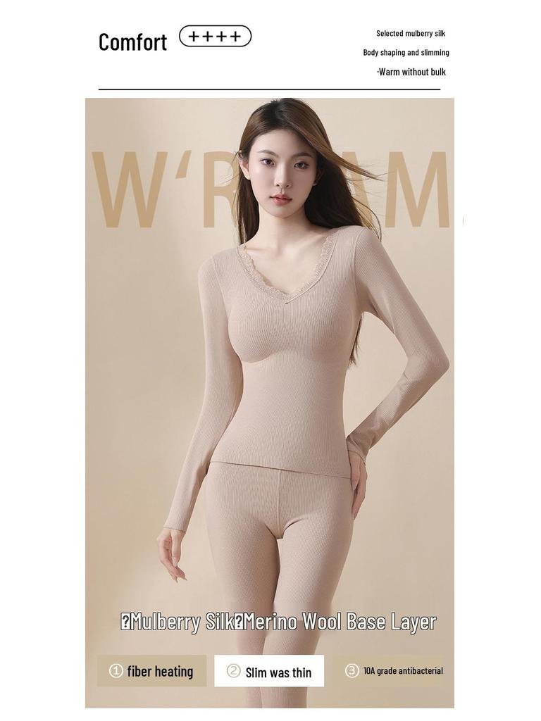 Women's Cashmere Silk Lace Seamless Thermal Set with Chest Pads: Slimming Base Layer for Autumn/Winter