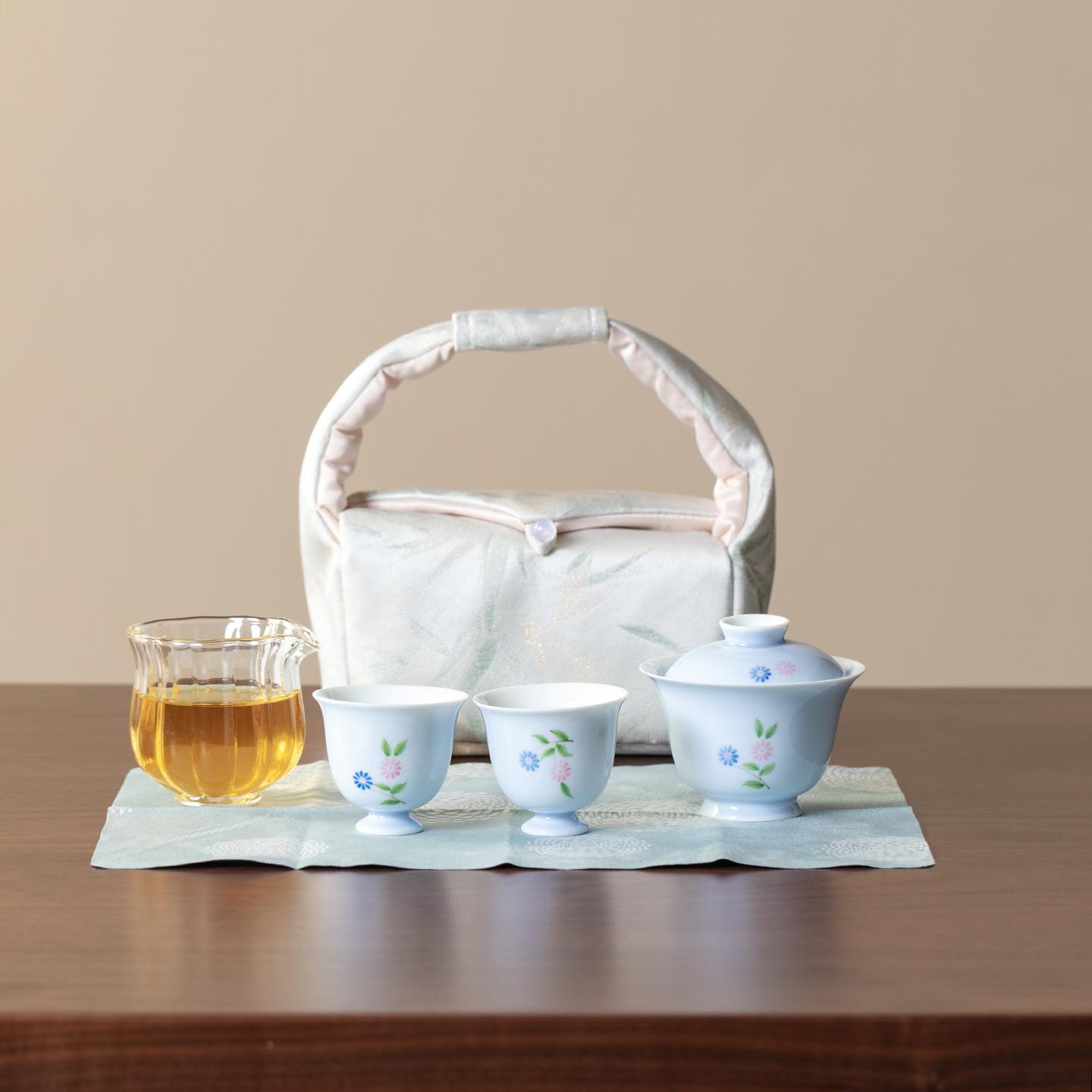 

Hand-painted Small Daisy Travel Tea Set Kit Creative 1 Bowl 2 Cups Tea Making Organizer Portable Outdoor Stock Bags Decoration