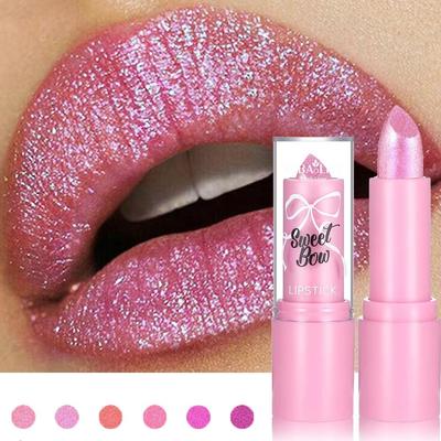 Szminka z brokatem Bow Jasny różowy diamentowa szminka Lusterko Perłowy połysk Wodoodporny Długotrwały Błyszczący tint do ust Makijaż