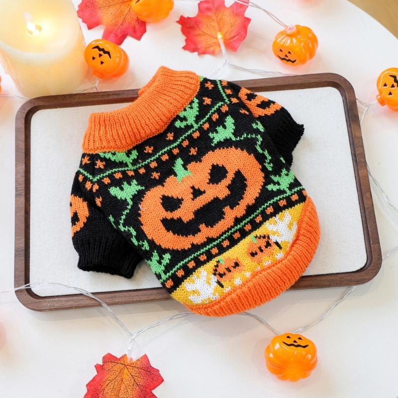 Pumpkin Pattern Pet Sweater Knitwear for Small Dog Cats Pullover Costume 2 Leg Clothes For Halloween Party Cold Weather