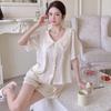New Ice and Snow Silk Short-sleeved Shorts Pajamas Women's Summer Sweet Lace Cardigan Set Ice Silk Loungewear Thin