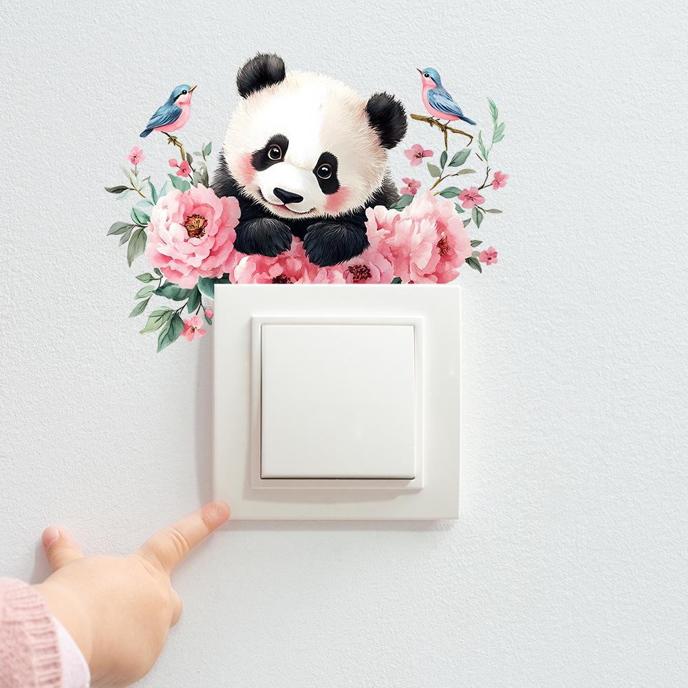 Aquarell-Blumen mit Rotem Panda Schalterplatten-Aufkleber für Schlafzimmer Wohnzimmer Hintergrundwand-Dekor Abnehmbare Folie