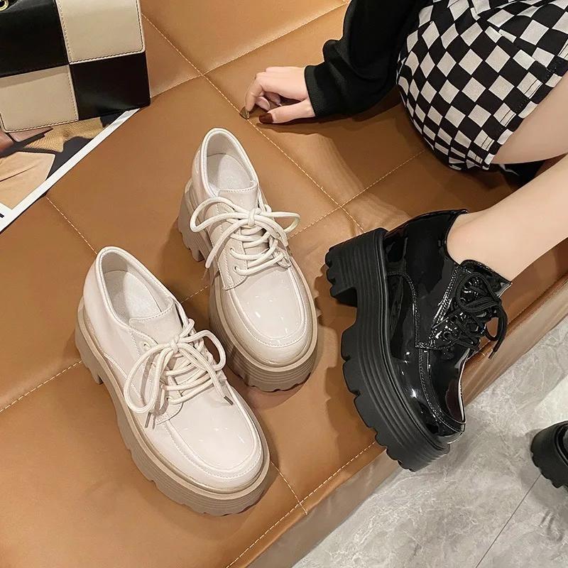 Fashion 10CM Women Patent Leather Platform Sneakers Wedge Heels Ladies Autumn Chunky Shoes Pumps Woman Lace-Up Thick Sole Casual Shoes