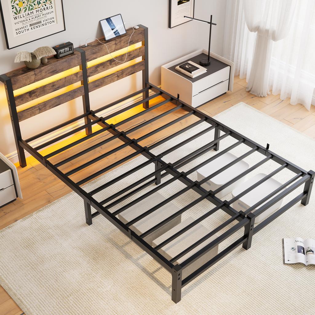 140x190 Bed Frame with LED Lighting and USB Charging Station, Metal Bed Frame Without Mattress, with Storage Under the Bed