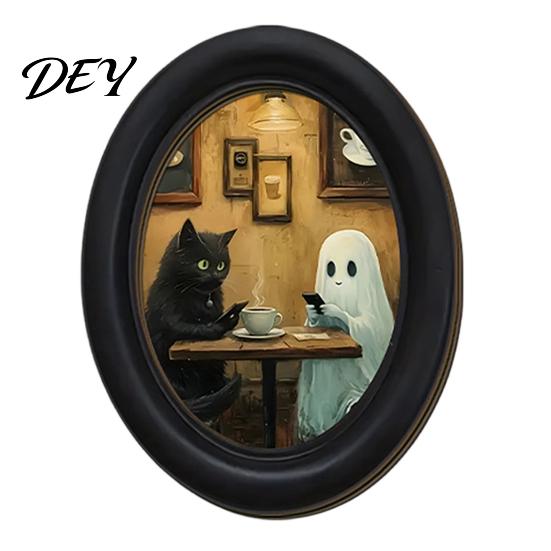Decorative Wall Ornaments for Living Room Halloween Gothic Oval Wooden Hanging Plaque, Vintage Framed Black Cat Little Niche Aesthetic Decor