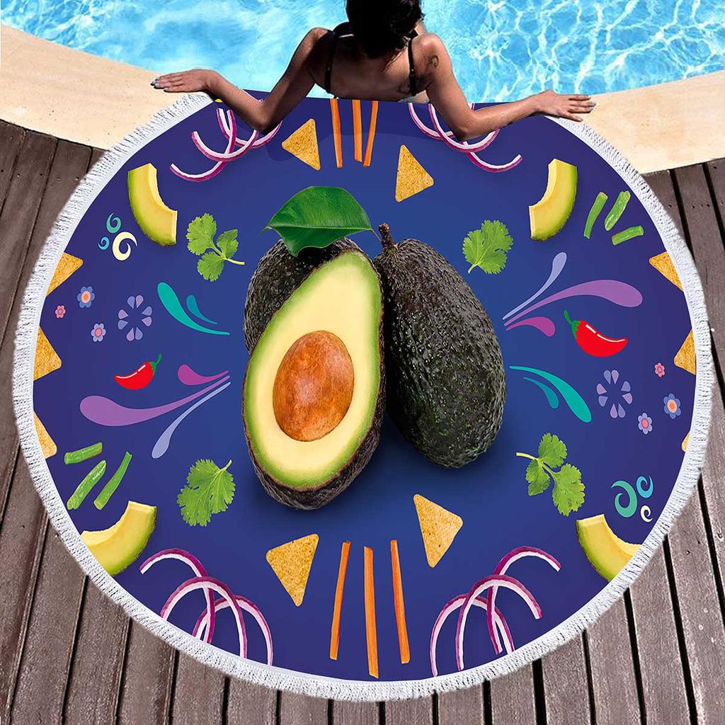 Tropical Fruit Avocado Round Beach Towel Microfiber Boho Round Hawaiian Beach Blanket Sand Proof Circle Swim Towel with Tassels