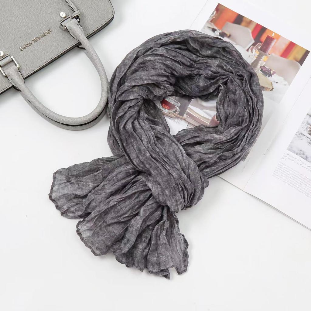 Solid Green Cotton Linen Vintage Pleated Scarf Shawl Autumn Winter Unisex Thin Long Neck Wrap Warmth Breathable Lightweight