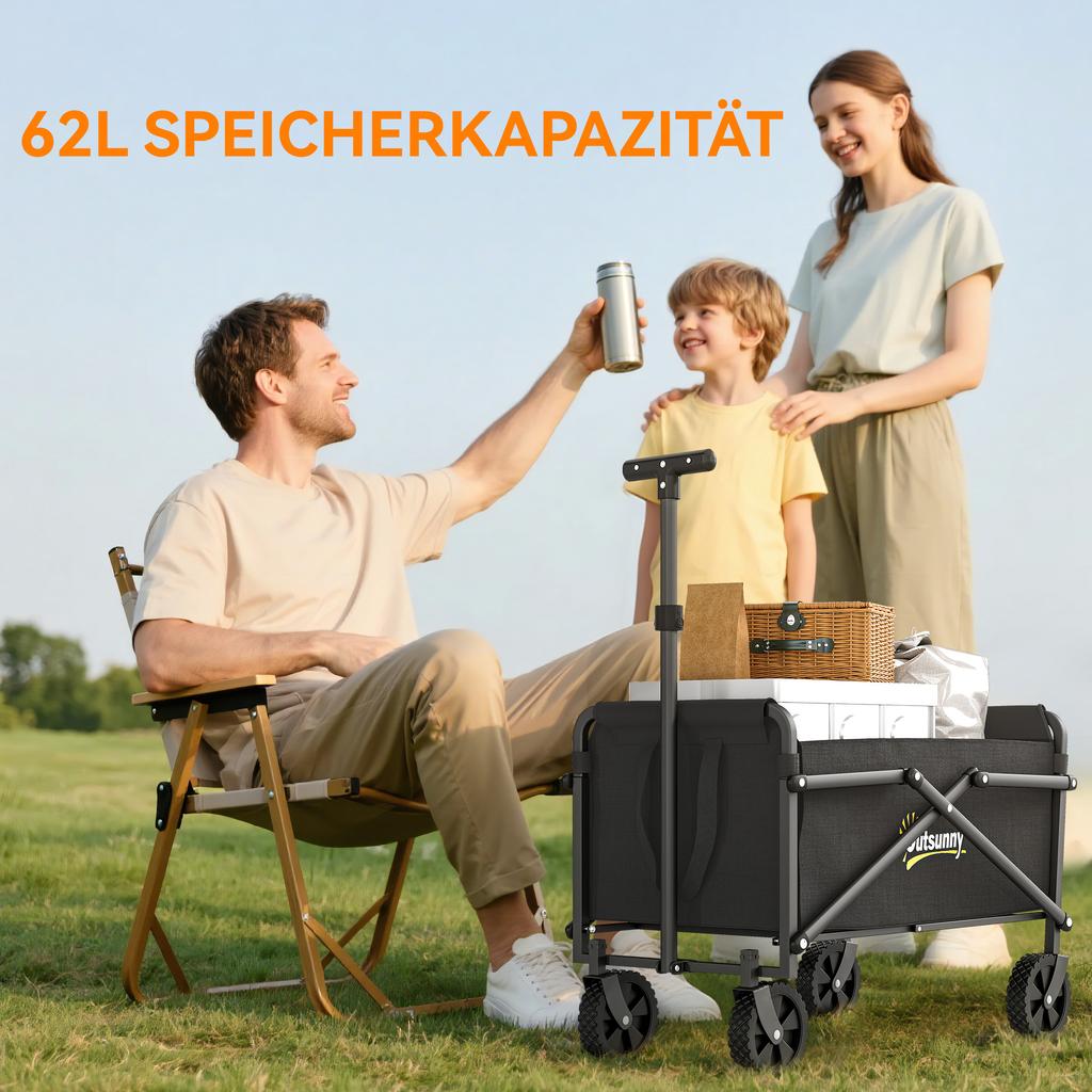 Wagon Foldable Hand Cart 360 degrees Garden Cart with Adjustable Handle Beach Cart up to 60 kg for Sport Shopping Black