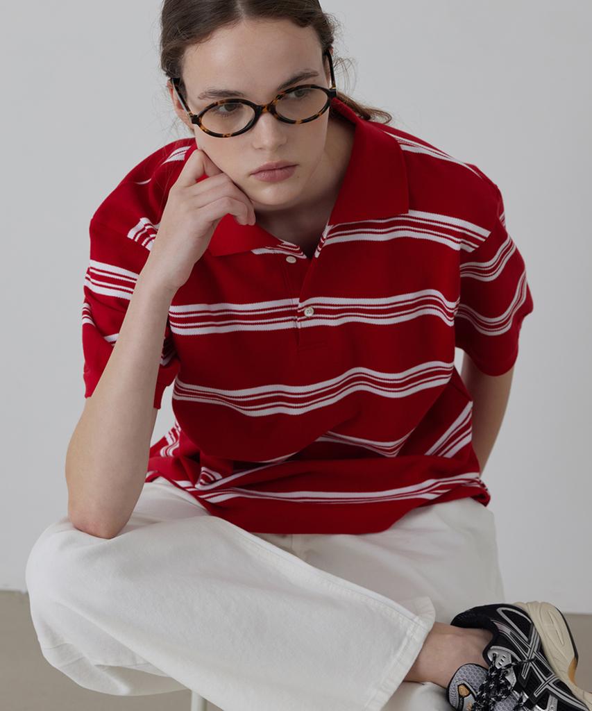 Kwinseulaebis Stripe Collar Half Sleeve Pk T-Shirt_Red_2Colors