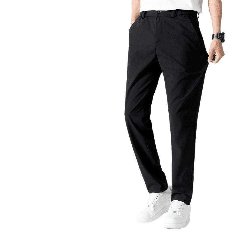 Men's Casual Ice Silk Straight-Leg Stretch Pants - Loose Fit, Elastic Waist, Plus Size
