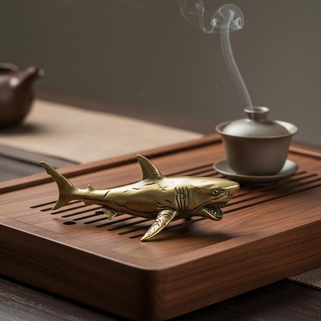 Antique Shark Ornament Tea Pet Brass Figurine Distressed Finish for Desk