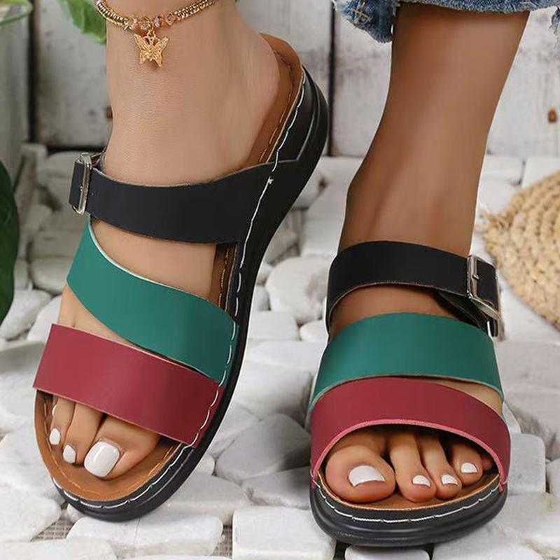 Fashion Plus Size Mixed Color Wedge Slippers Women Summer Beach Weightlight Pu Leather Slides Woman New Soft Sole Non Slip Sandal Mujer