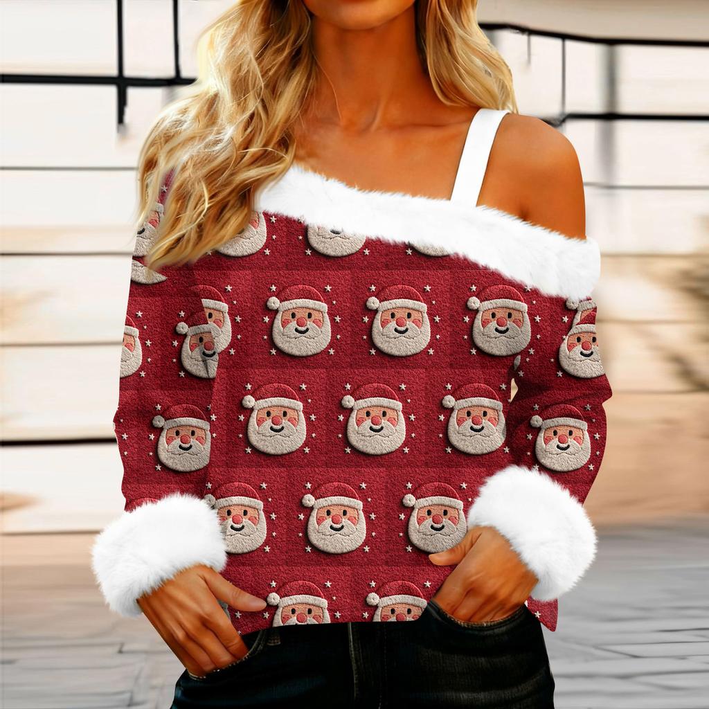 Women's Casual Fashion Sexy Off-Shoulder Collar Christmas Pattern Long Sleeve Crewneck T-Shirt Top