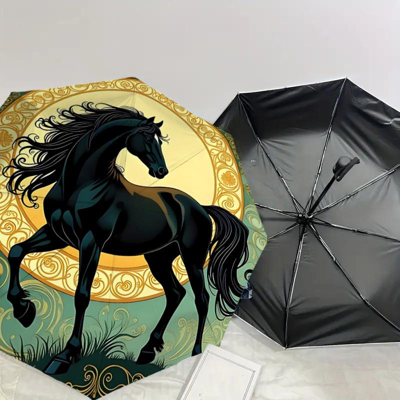 Black Horse Elegance: Luxury Umbrella with Intricate Floral Design   Auto Open/Close, Outdoor Protection, Travel Accessory, Lightweight & Durable 104