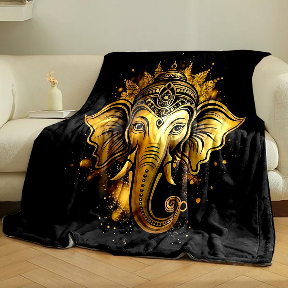 Golden Elephant Head On Black BackgroundFlannel Blanket for Bedroom, Living Room, Sofa, and Nap