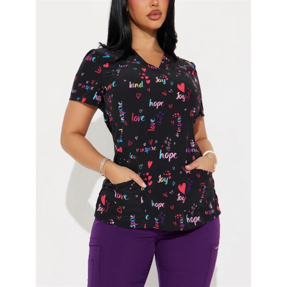 Women s V Neck Short Sleeve Scrub Top Slim Fit Heart Letter Butterfly 3D Print Casual Nurse Uniform Blouse S чёрный